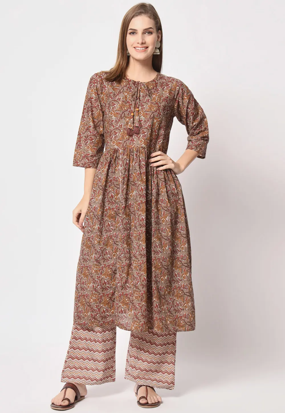 Brown Cotton Kurta Set With Palazzo 300058