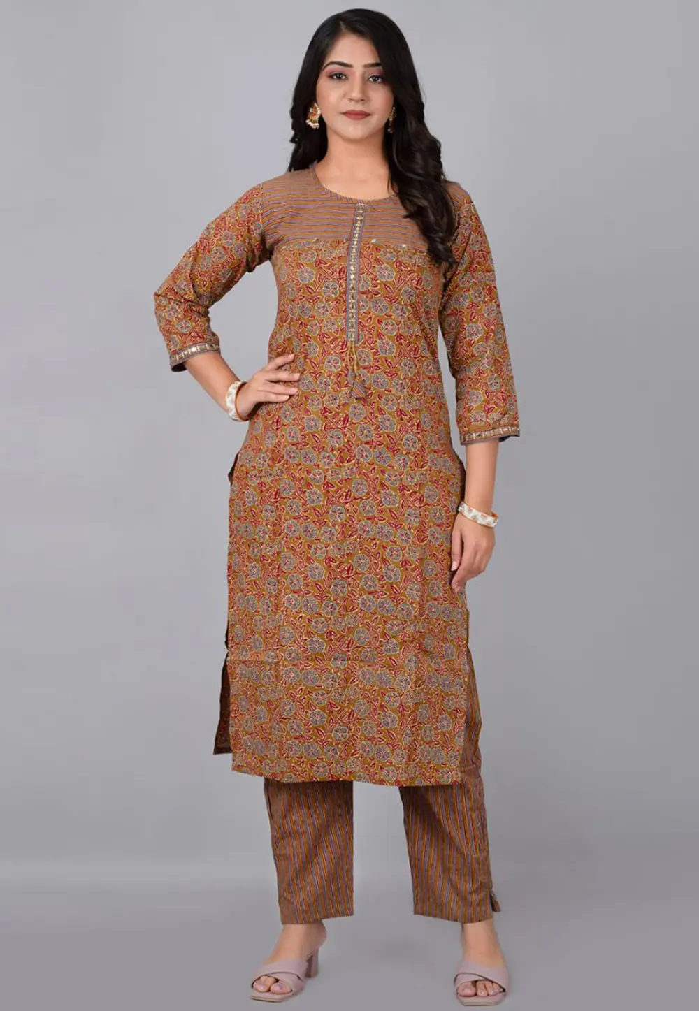 Brown Cotton Kurta Set With Pent 302754