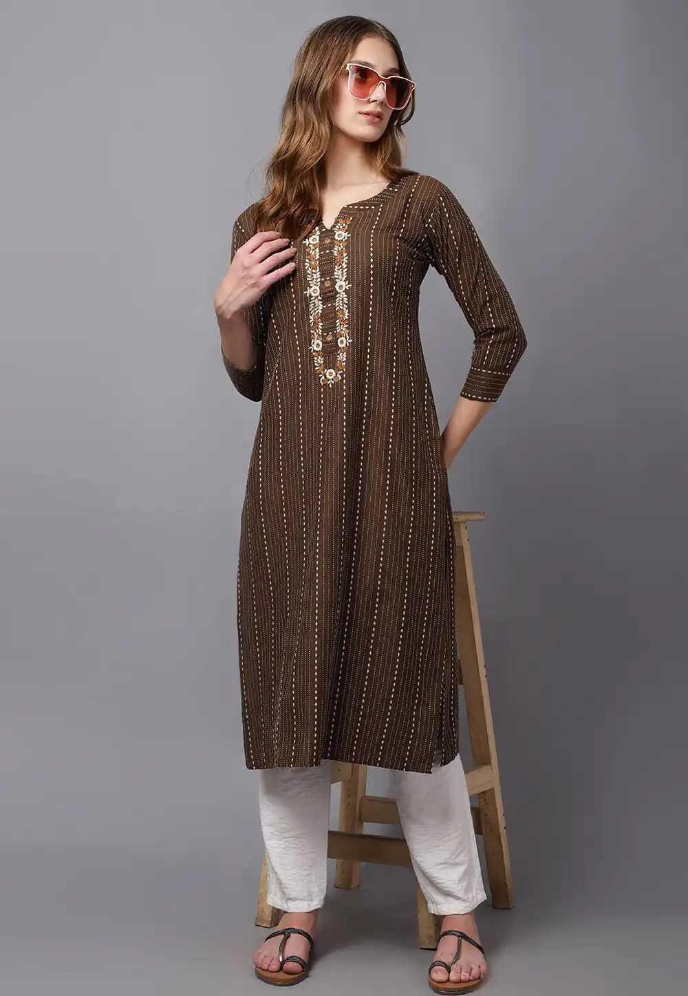 Brown Cotton Long Kurti 294505