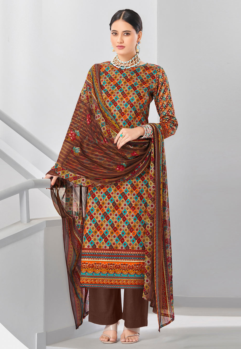 Brown Cotton Pakistani Suit 285147