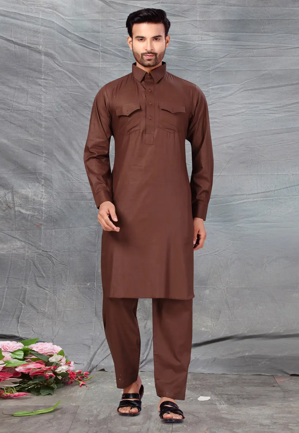 Brown Cotton Pathani Suit 300213