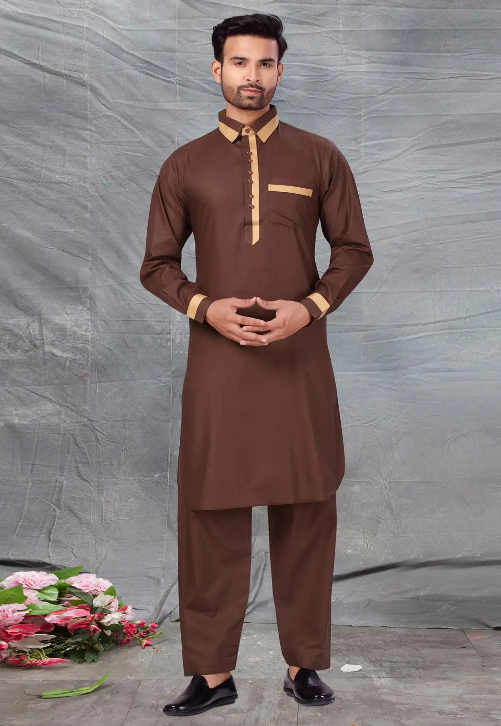 Brown Cotton Pathani Suit 300244