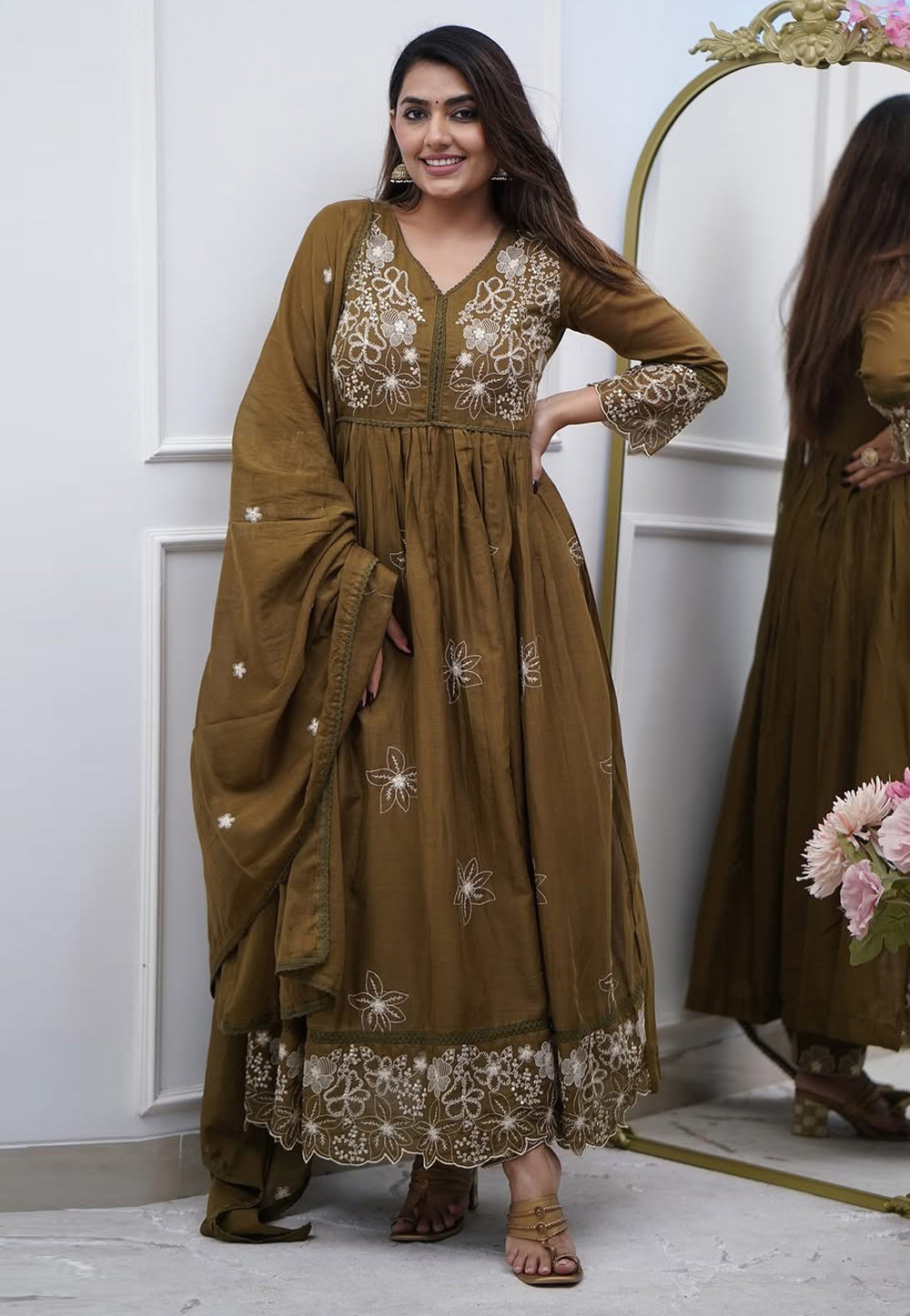 Brown Cotton Readymade Long Anarkali Suit 310308