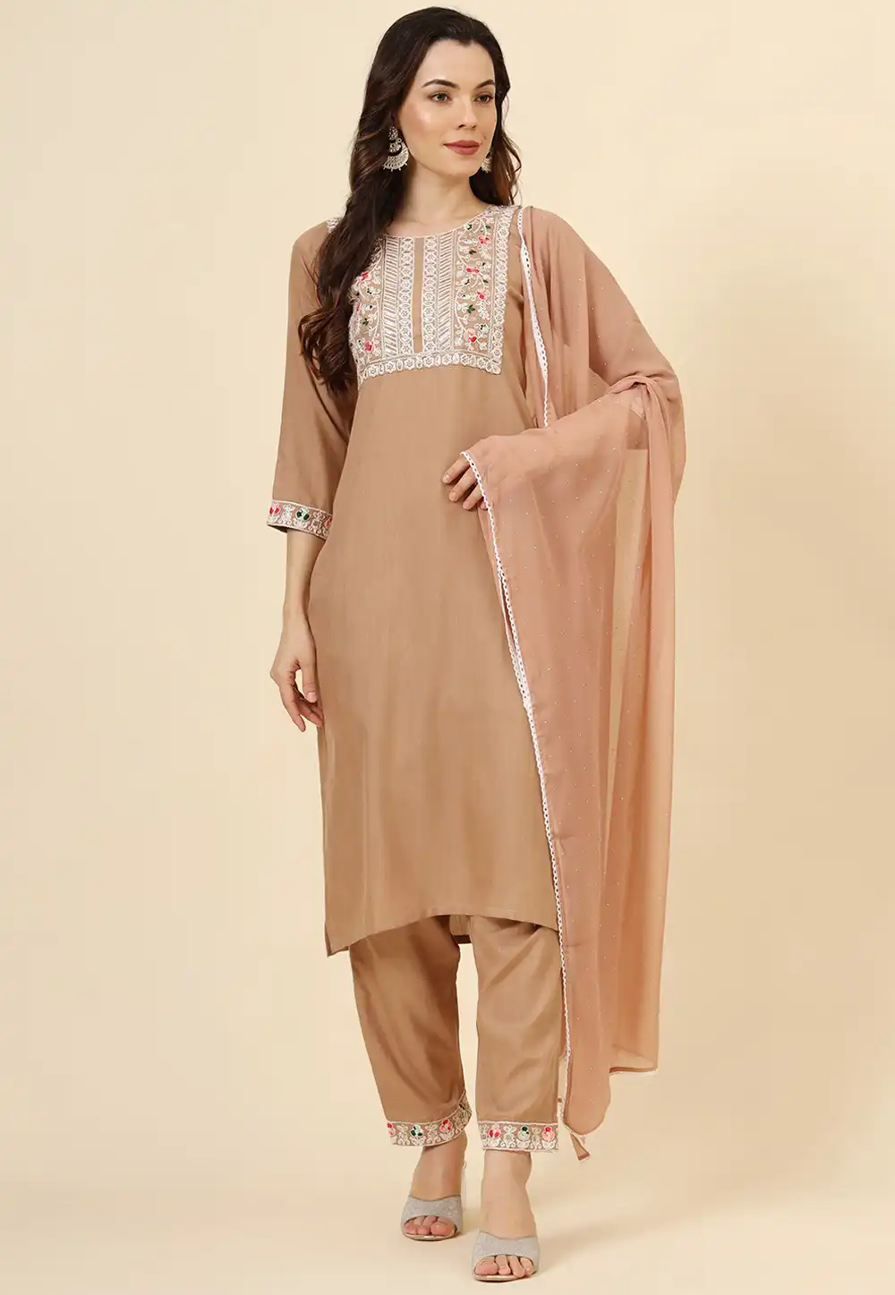 Brown Cotton Readymade Pakistani Suit 293454