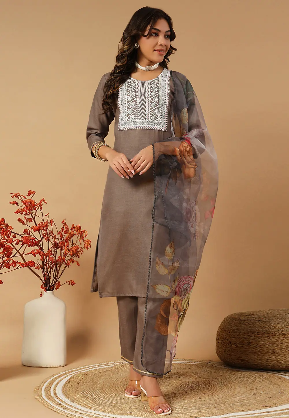 Brown Cotton Readymade Pakistani Suit 301178