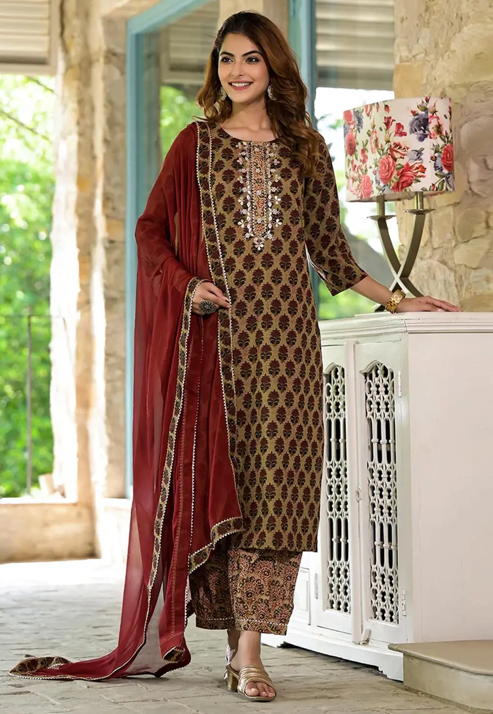 Brown Cotton Readymade Pakistani Suit 304036