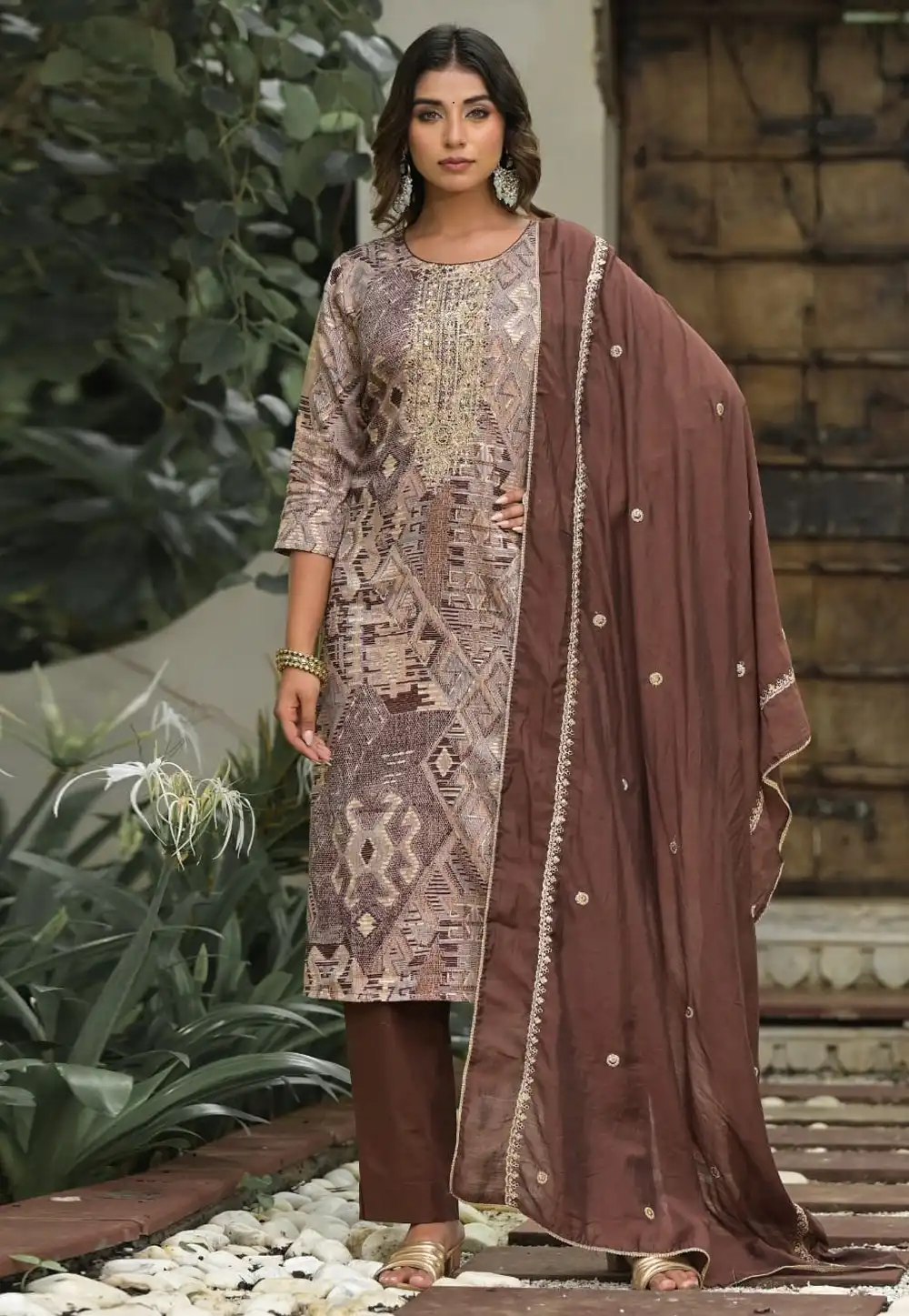 Brown Cotton Readymade Pakistani Suit 291616