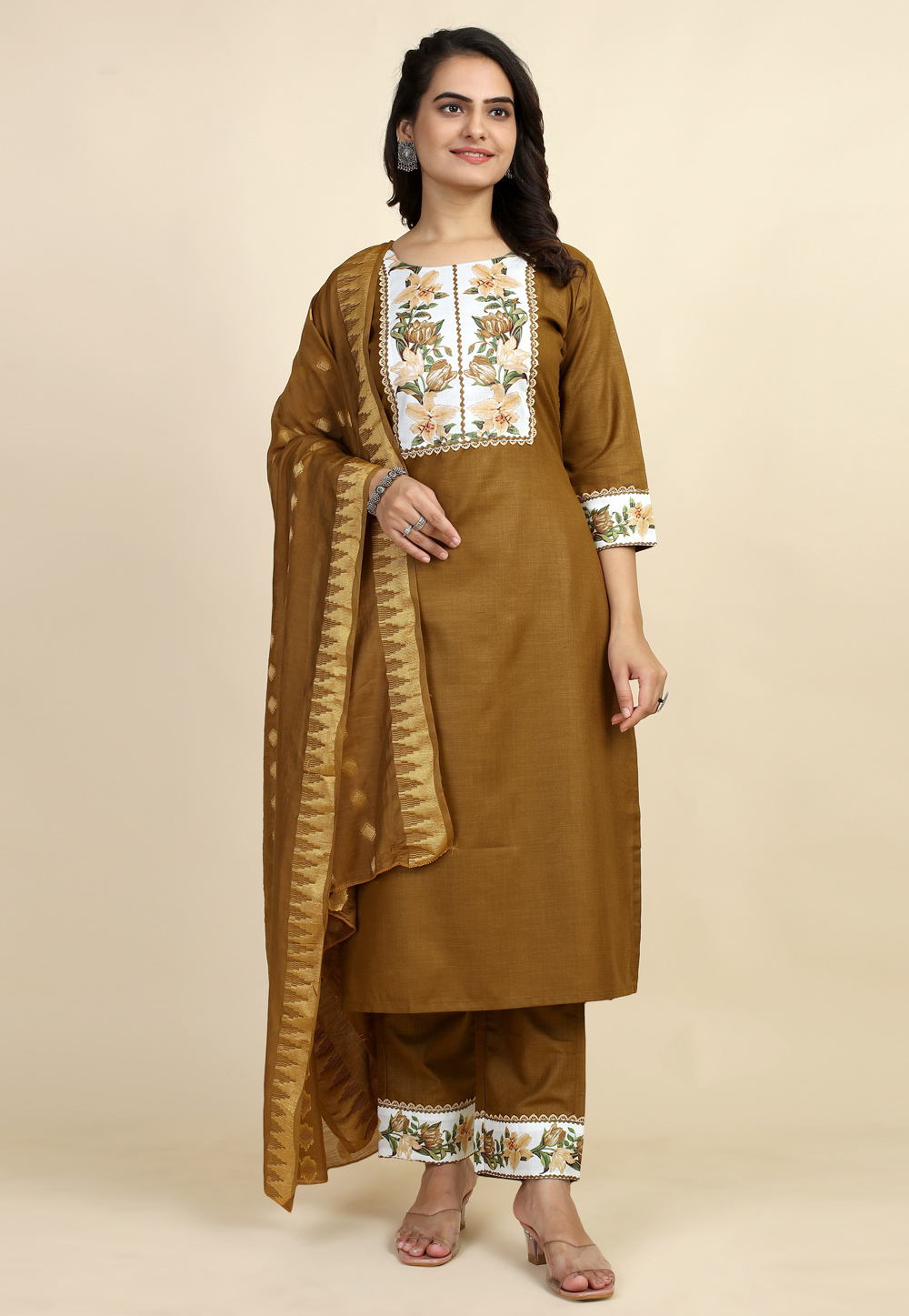 Brown Cotton Readymade Pakistani Suit 284225