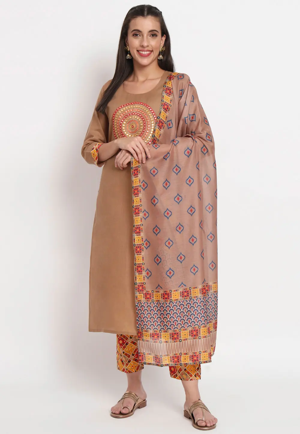 Brown Cotton Readymade Pakistani Suit 299713