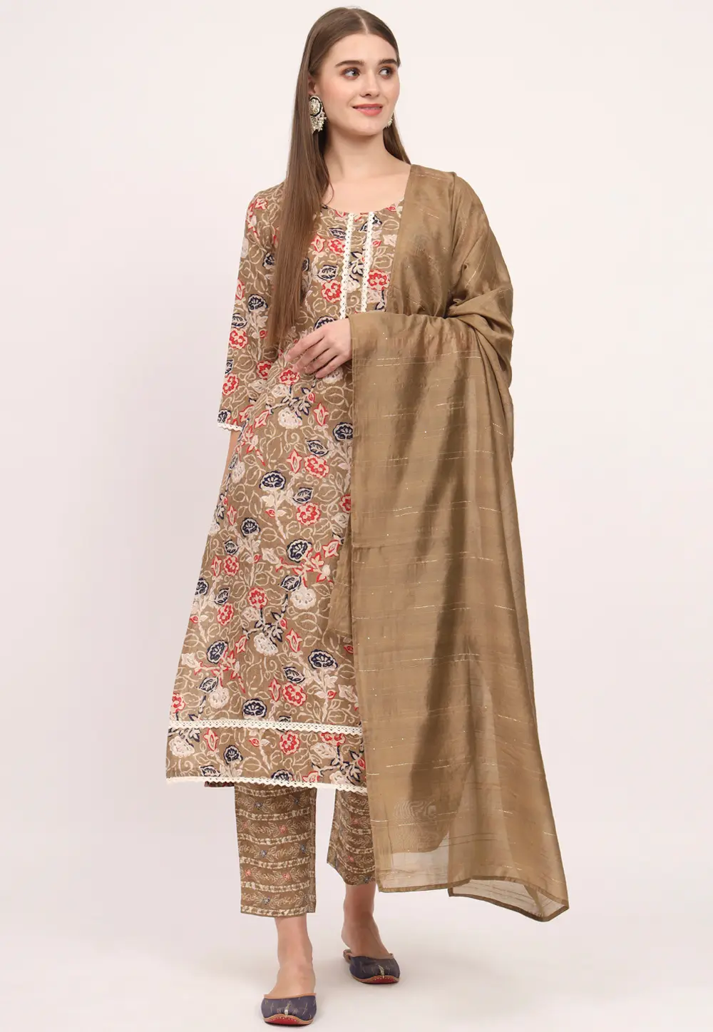 Brown Cotton Readymade Pakistani Suit 300379