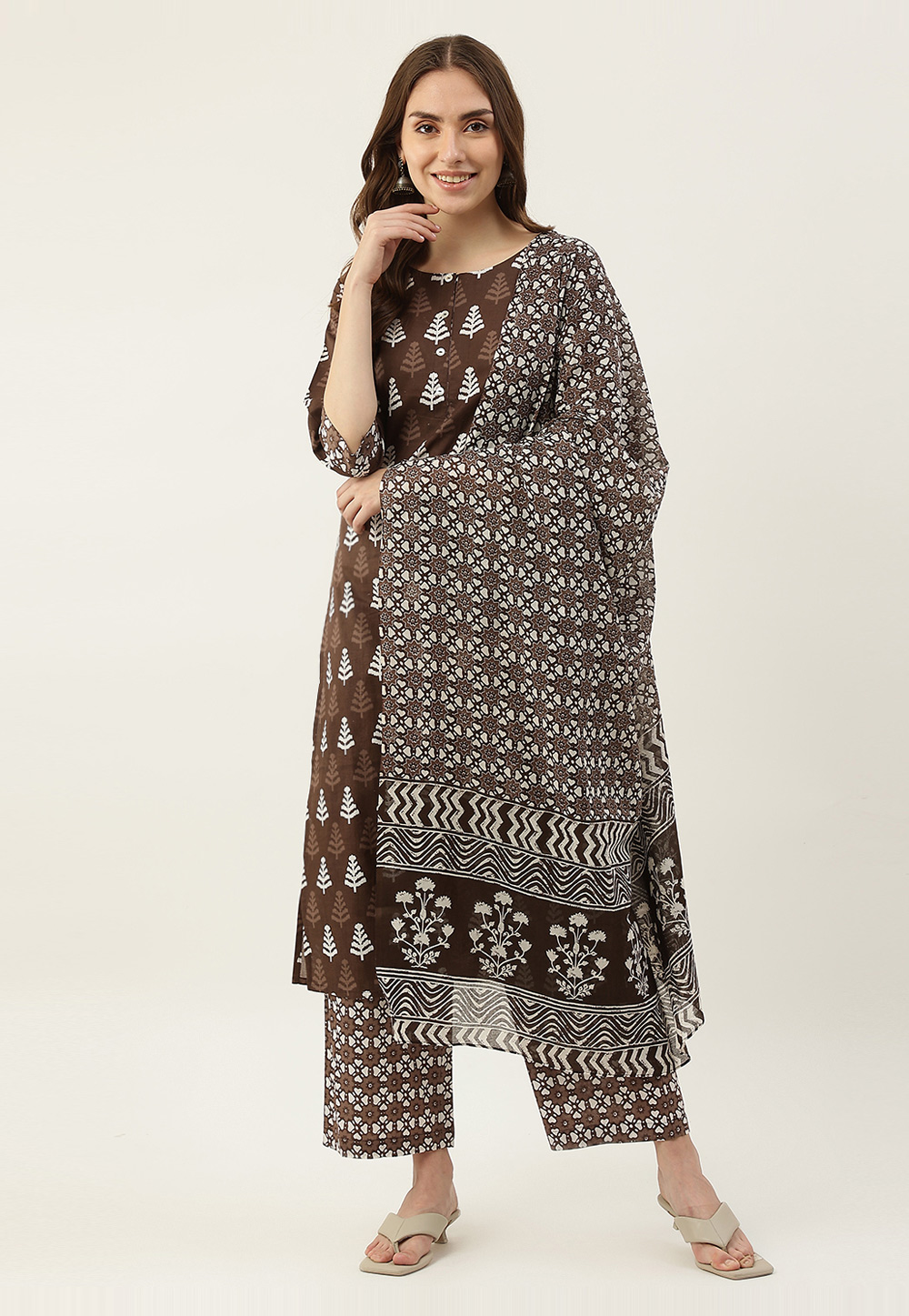 Brown Cotton Readymade Palazzo Suit 278115