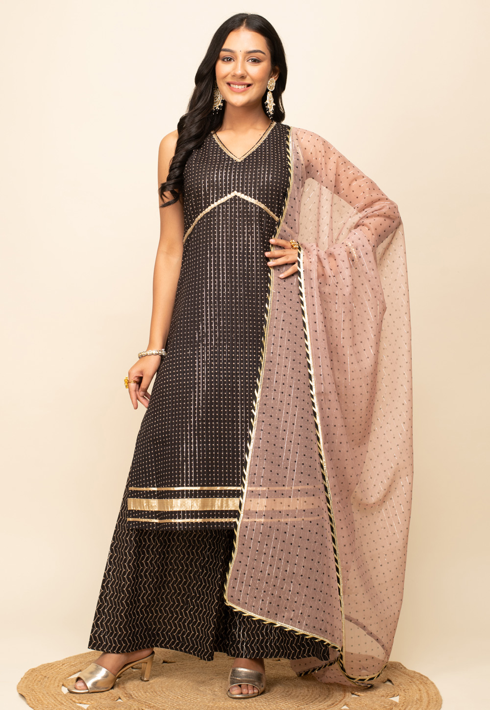 Brown Cotton Readymade Palazzo Suit 279294