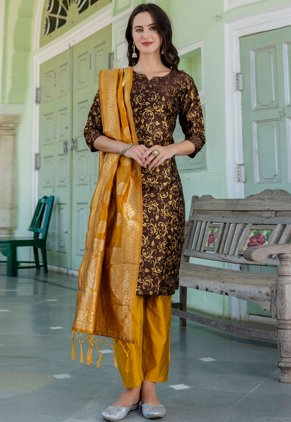 Brown Cotton Readymade Pant Style Suit 310468