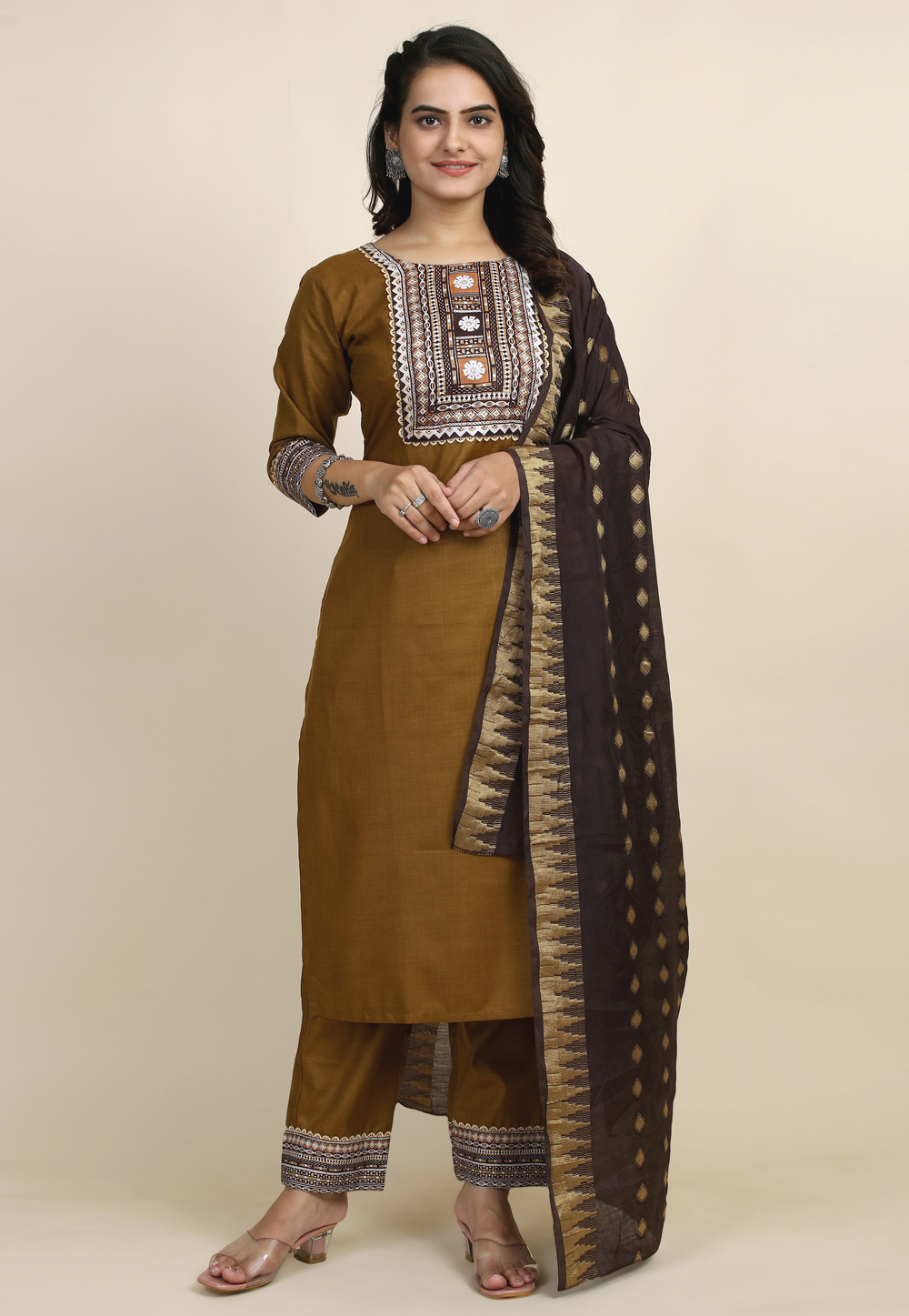 Brown Cotton Readymade Pant Style Suit 284224