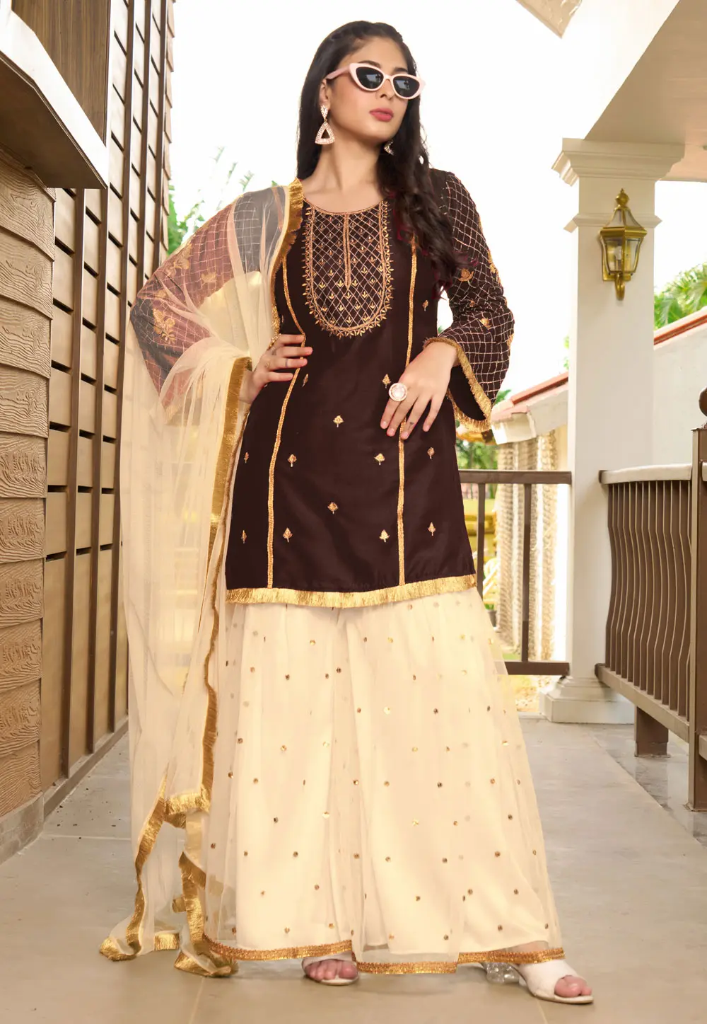 Brown Cotton Silk Readymade Gharara Suit 300615