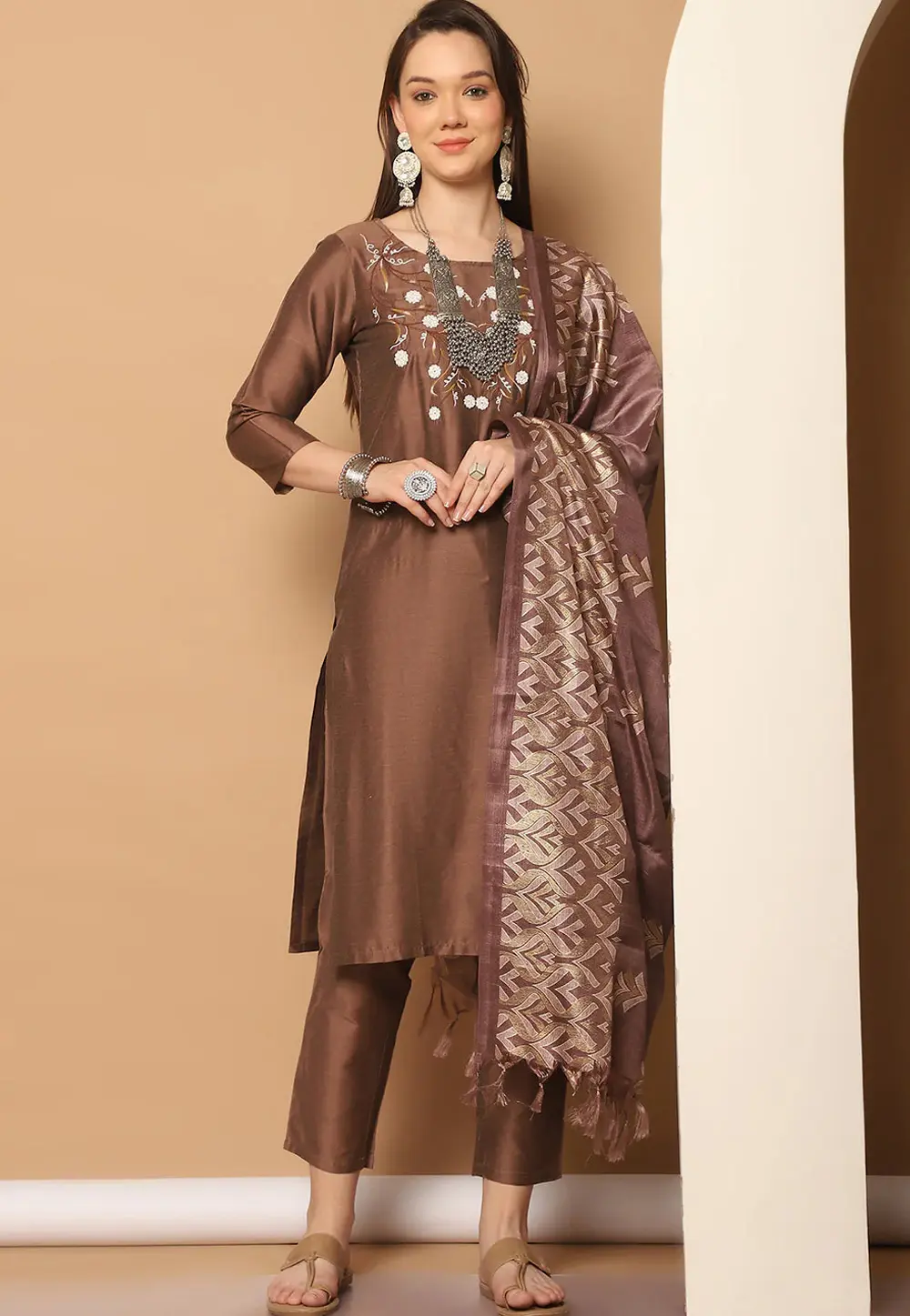 Brown Cotton Silk Readymade Pakistani Suit 298352