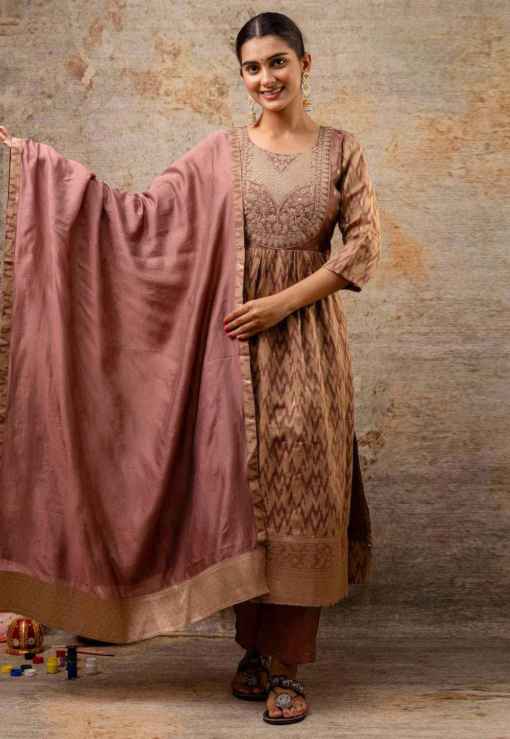 Brown Cotton Silk Readymade Pant Style Suit 310034