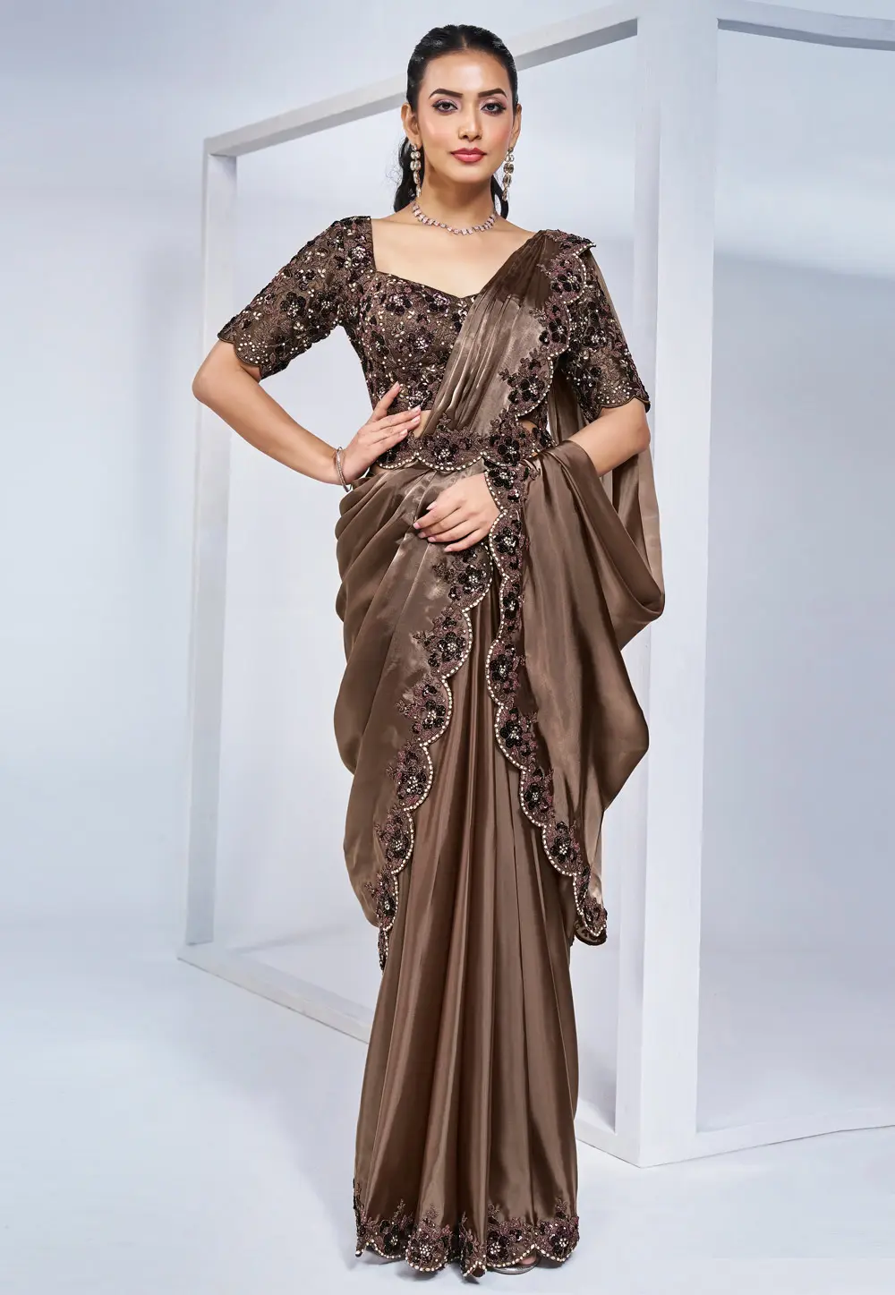 Brown Crepe Saree With Blouse 297784