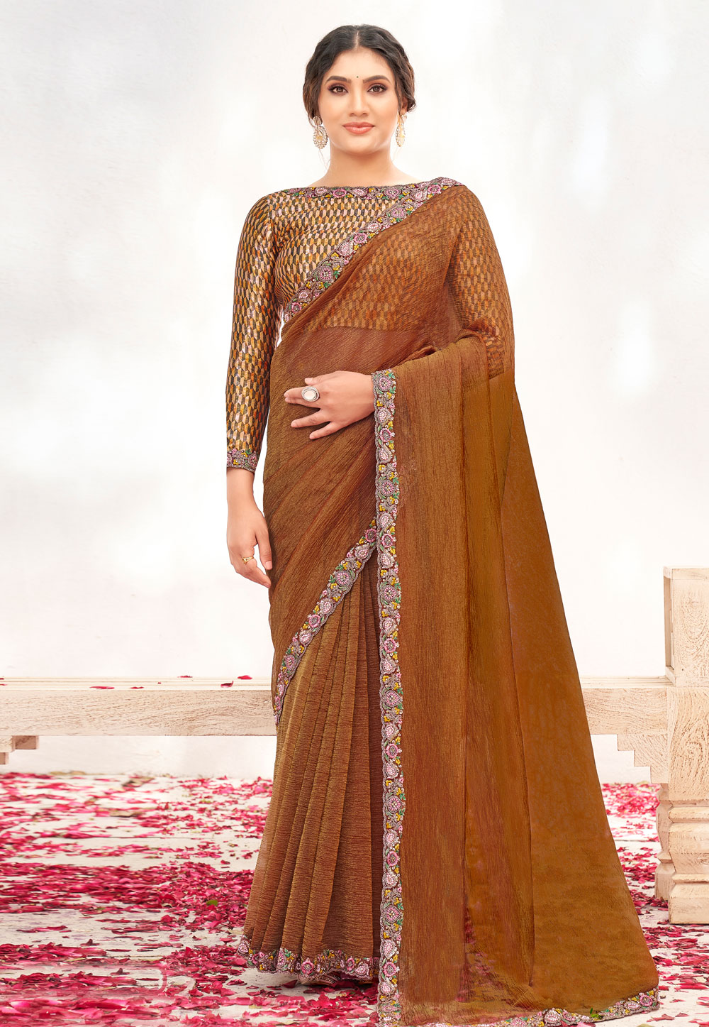 Brown Crepe Saree With Blouse 309426