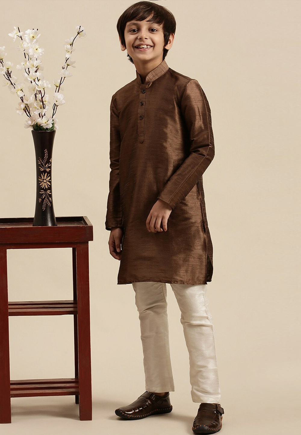 Brown Dupion Silk Kids Kurta Pajama 286560