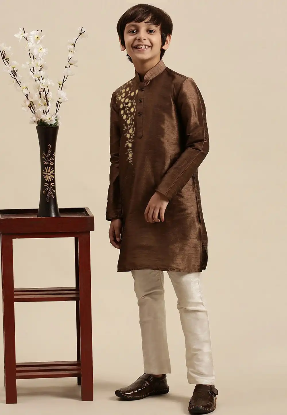 Brown Dupion Silk Kids Kurta Pajama 288319