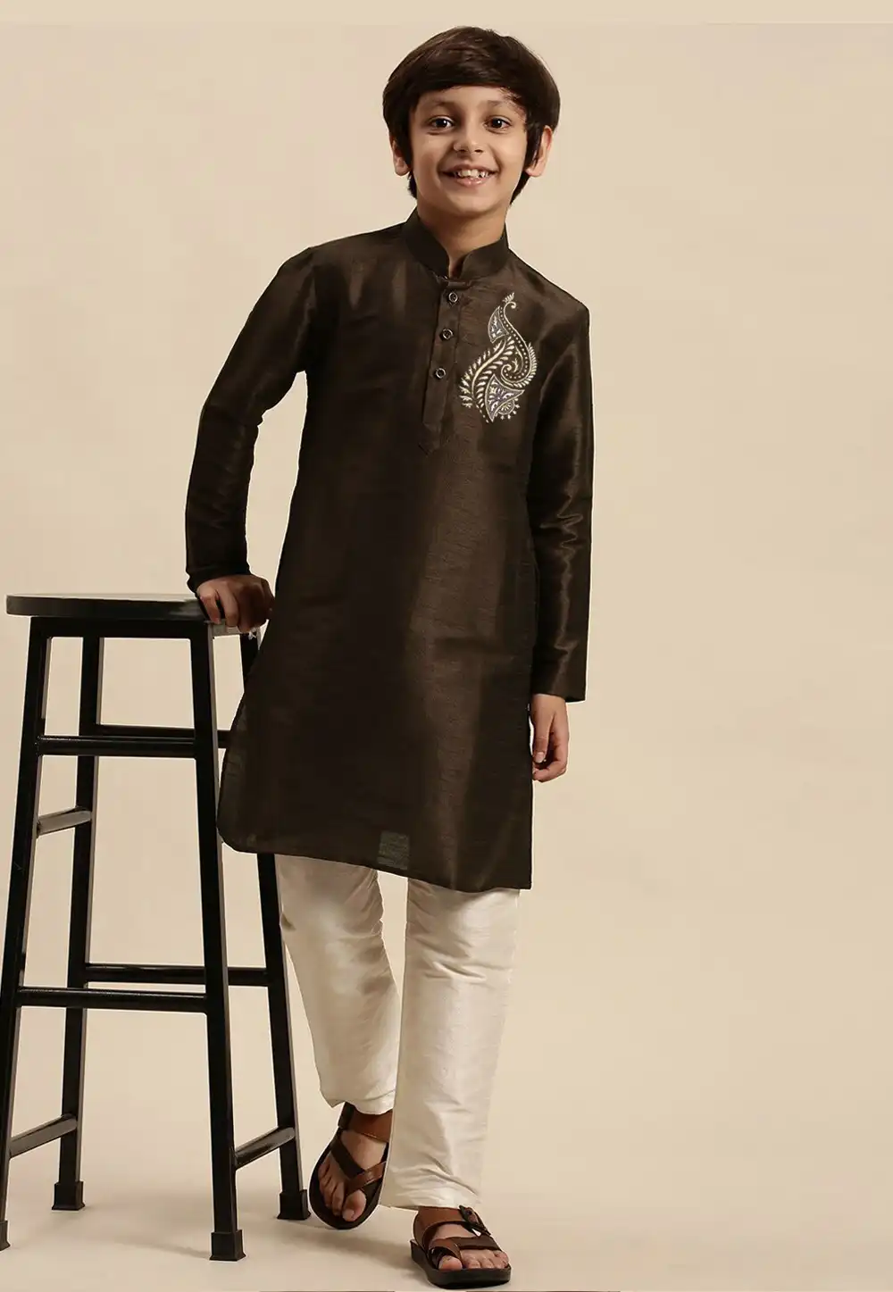 Brown Dupion Silk Kids Kurta Pajama 289242