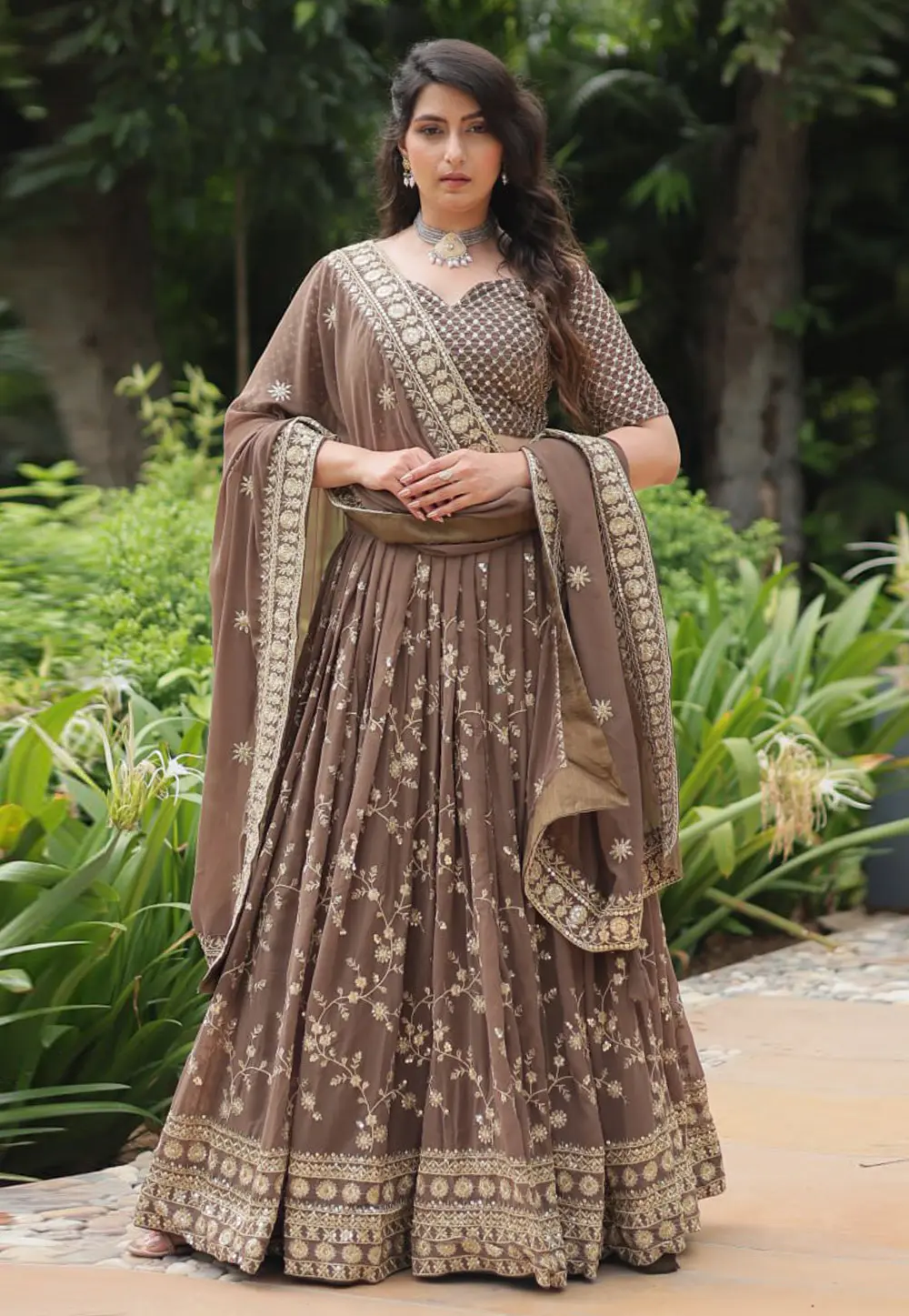 Brown Faux Georgette Circular Lehenga Choli 299774