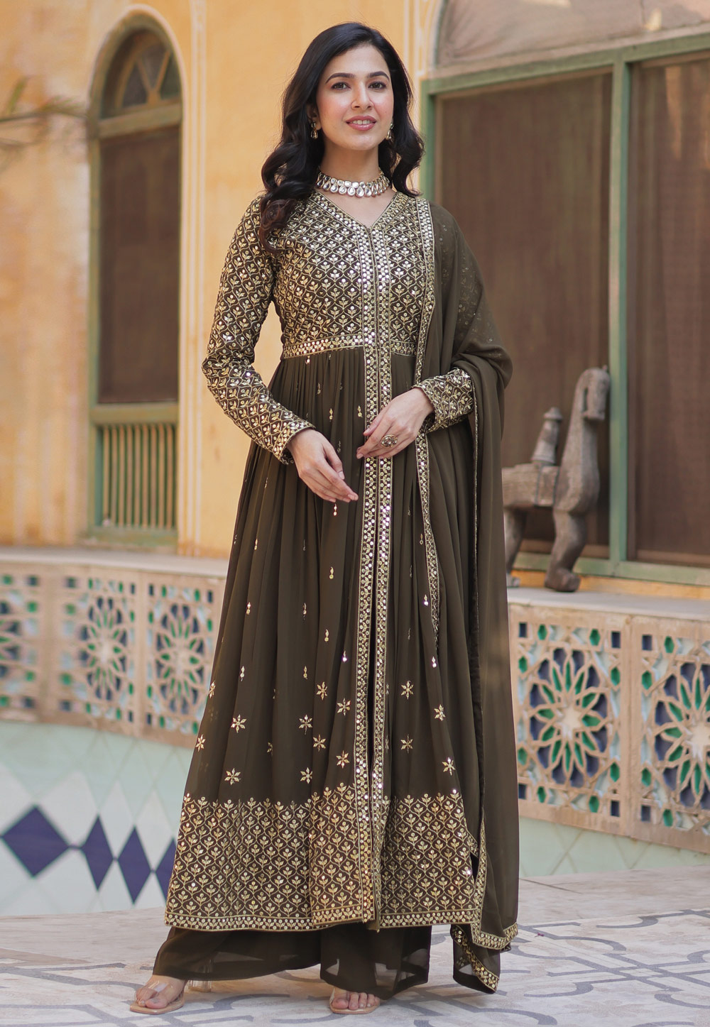 Brown Faux Georgette Readymade Anarkali Suit 305120