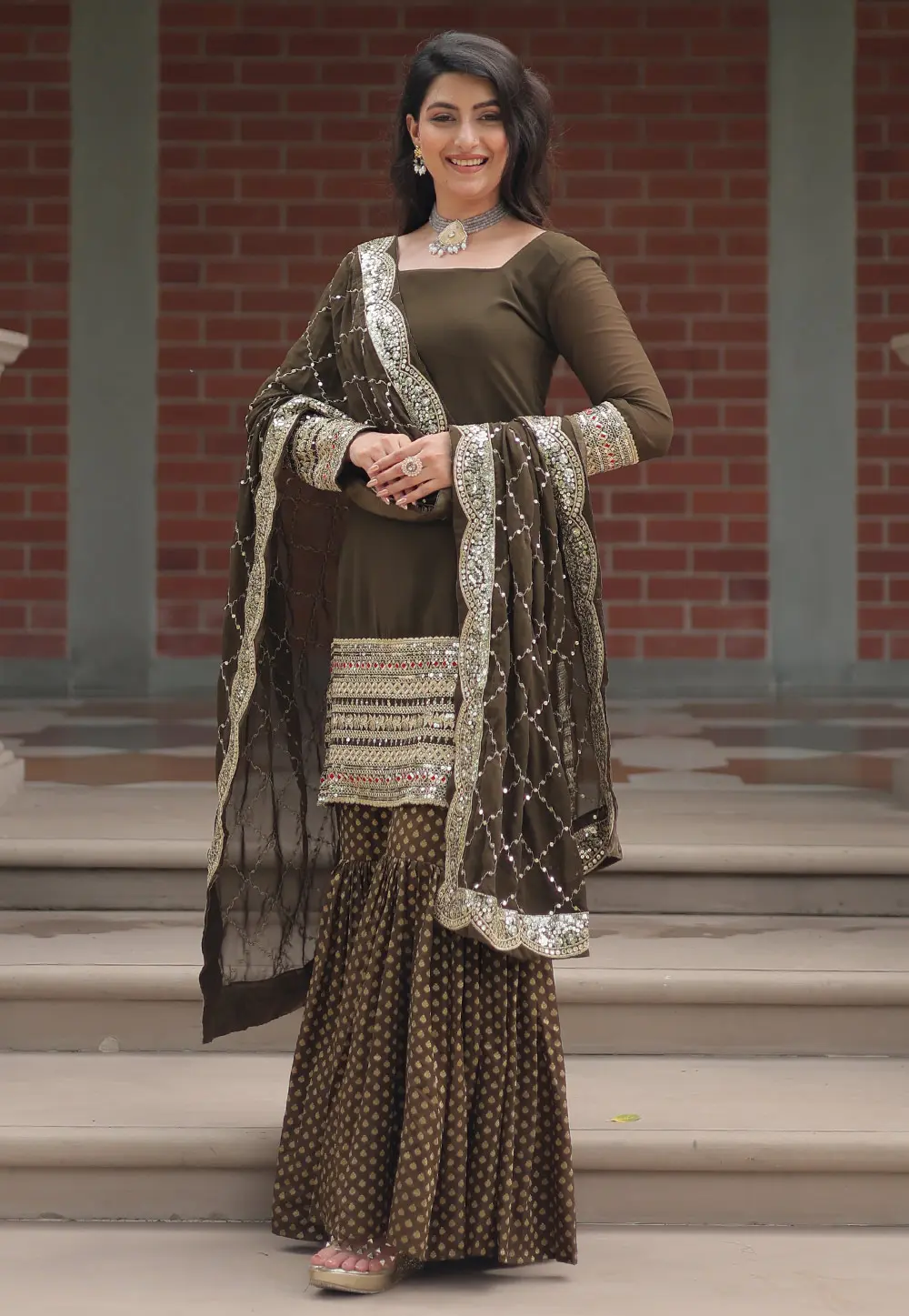 Brown Faux Georgette Readymade Gharara Suit 299777