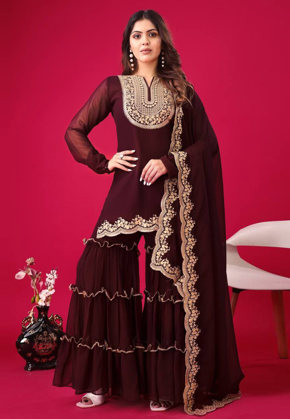 Brown Faux Georgette Readymade Sharara Suit 305338