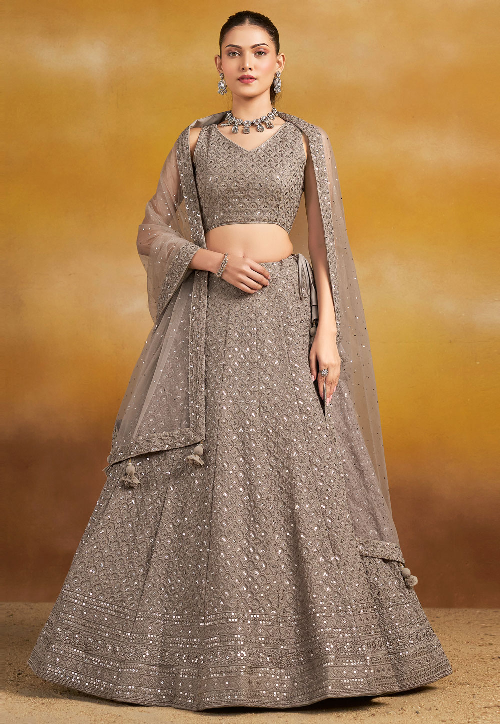 Brown Georgette Circular Lehenga Choli 310354