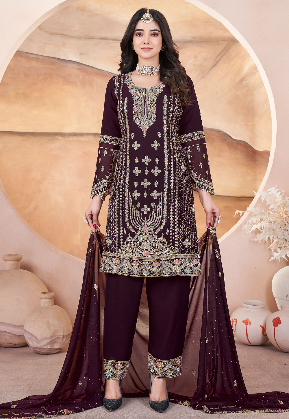 Brown Georgette Embroidered Readymade Pakistani Suit 305326