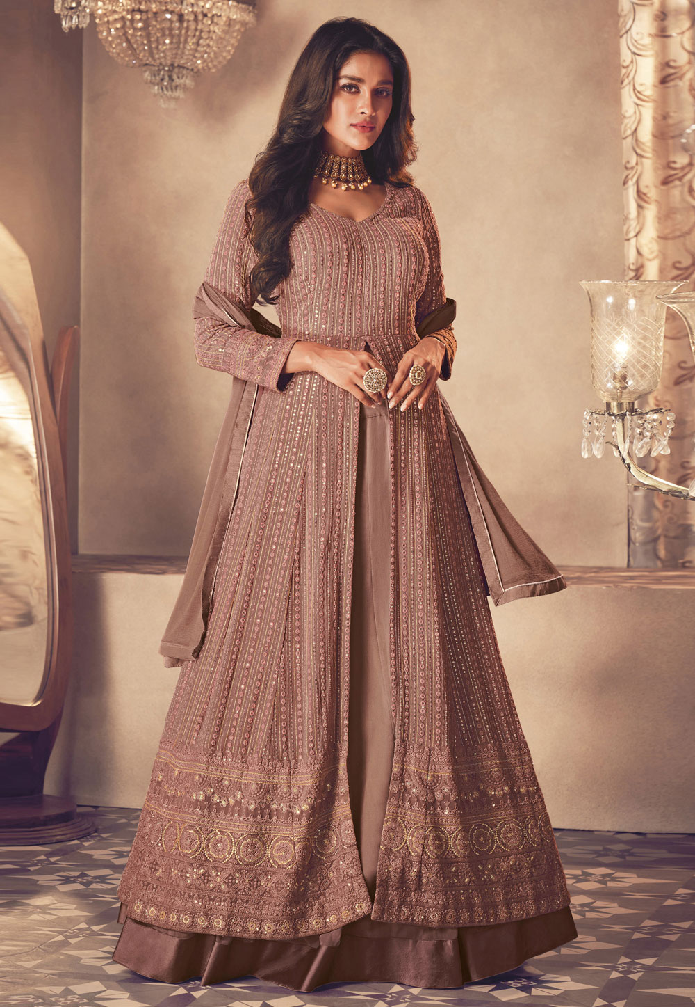 Brown Georgette Indo Western Lehenga Choli 279192