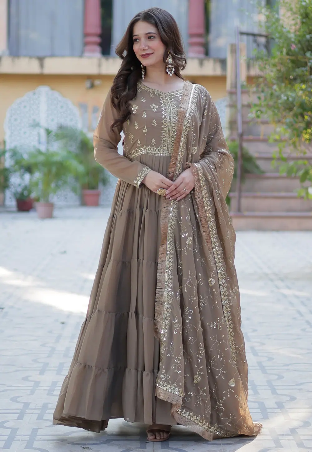 Brown Georgette Readymade Anarkali Suit 303996