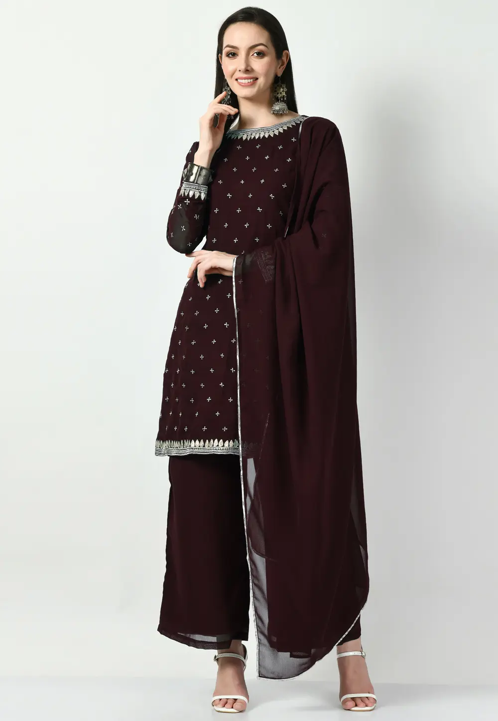 Brown Georgette Readymade Palazzo Suit 299429