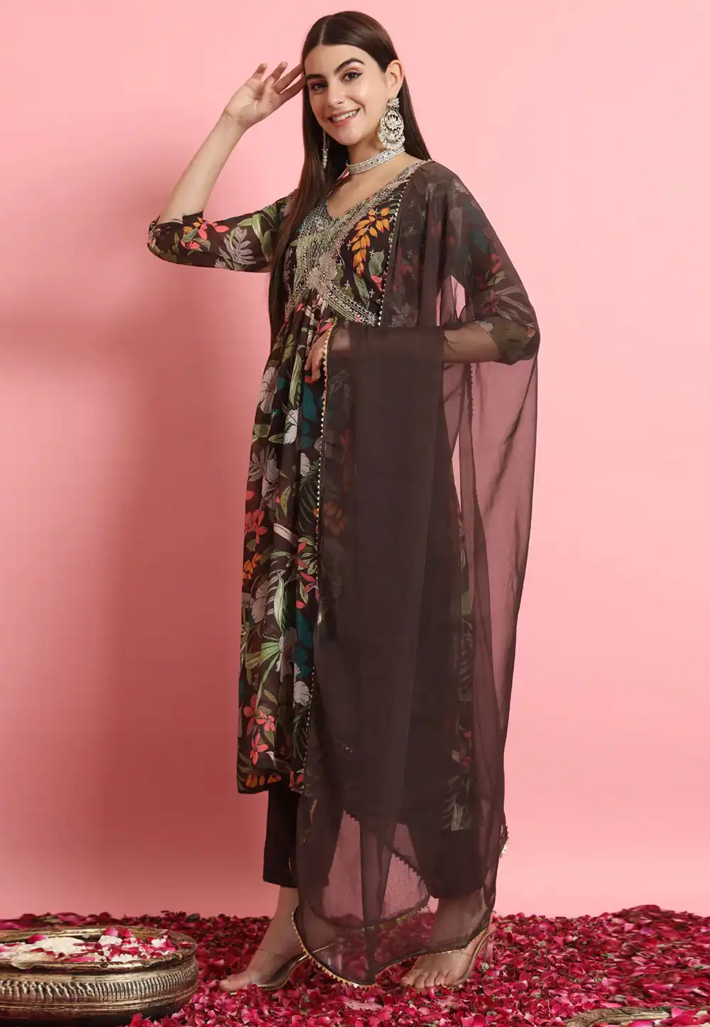 Brown Georgette Readymade Pant Style Suit 289471