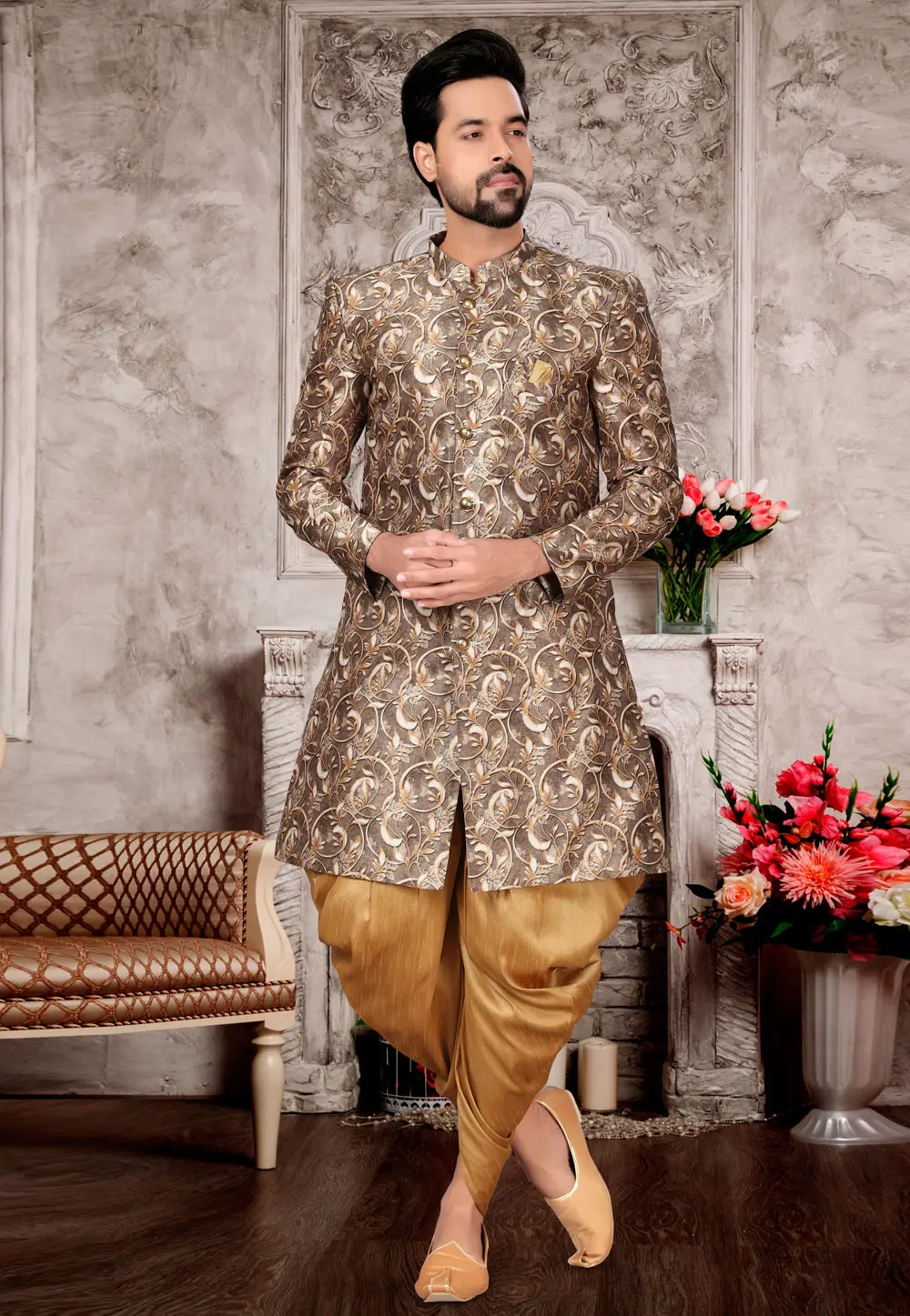 Brown Jacquard Indo Western Suit 302957