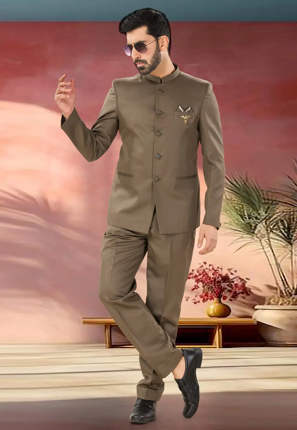 Brown Jacquard Jodhpuri Suit 302181