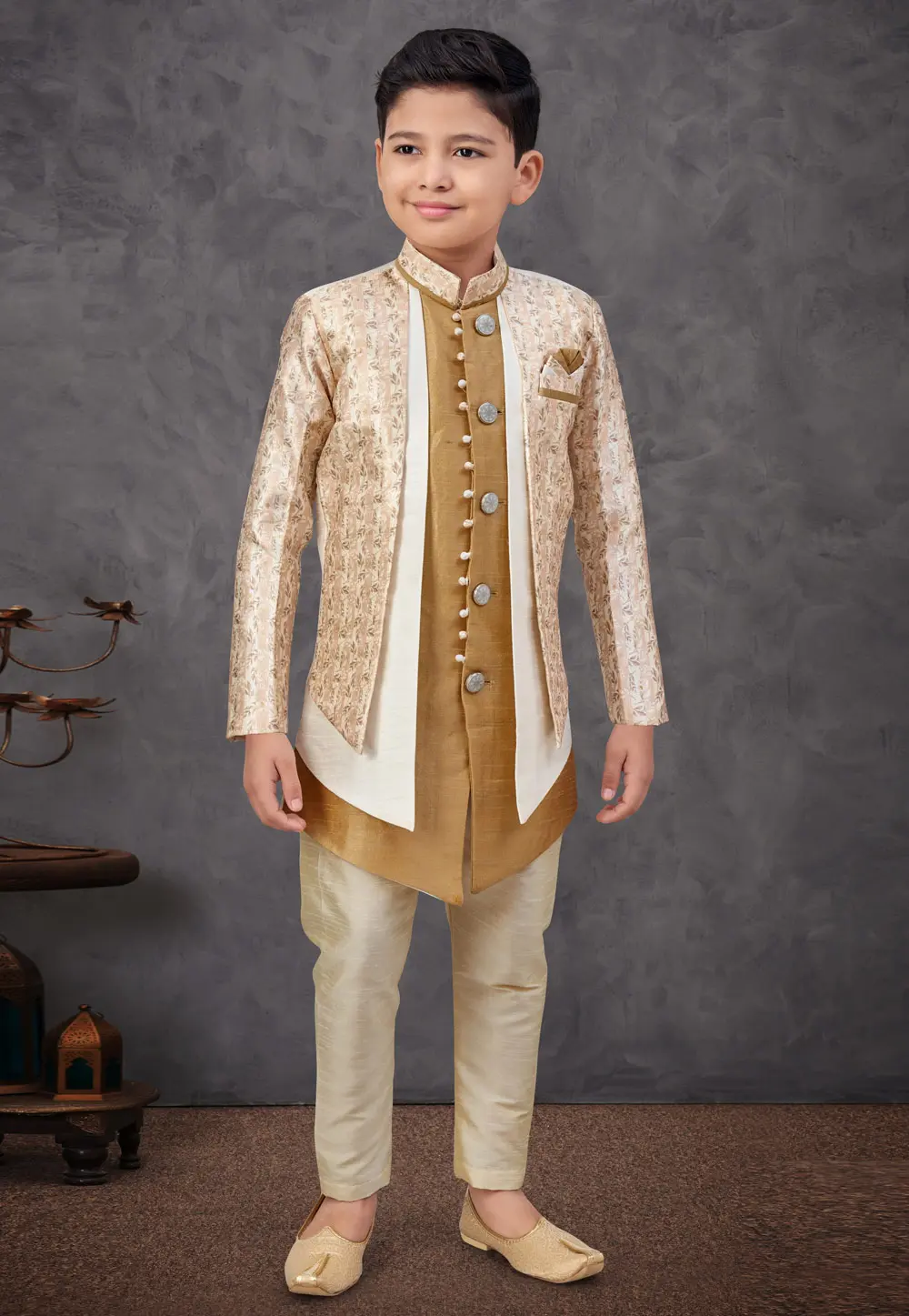 Brown Jacquard Kids Indo Western Suit 301329