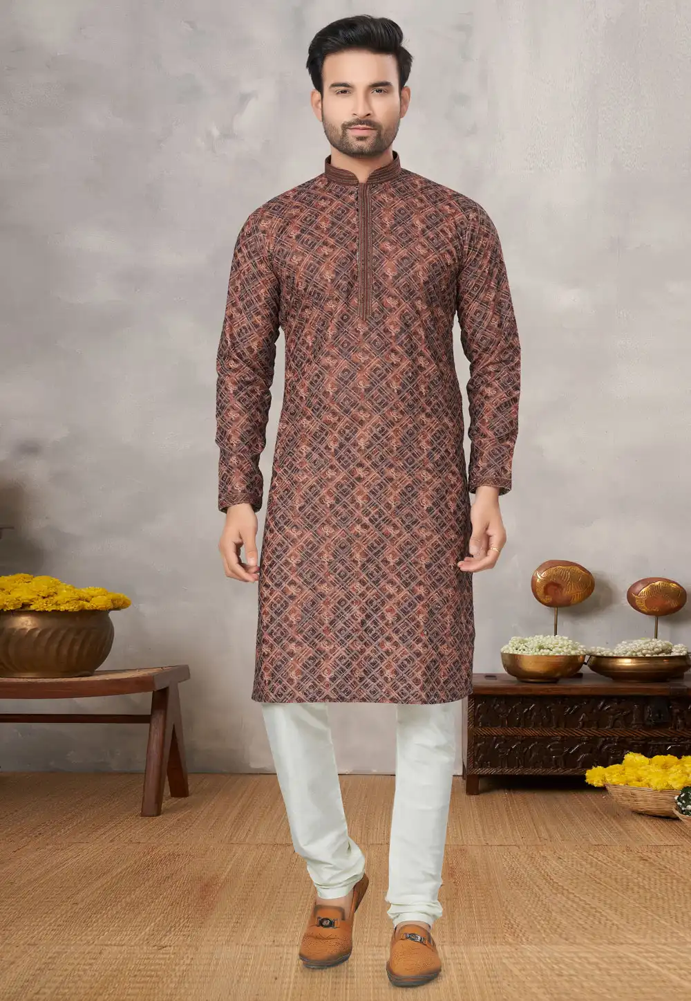 Brown Jacquard Kurta Pajama 293900