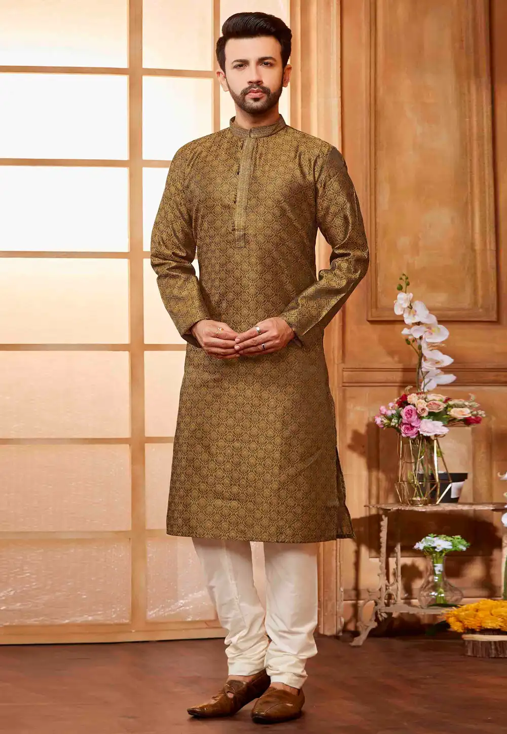 Brown Jacquard Kurta Pajama 288874