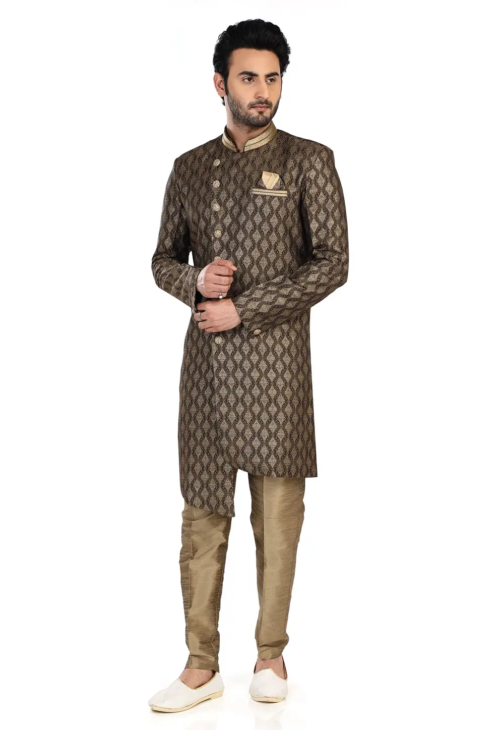 Brown Jacquard Silk Indo Western Suit 295285