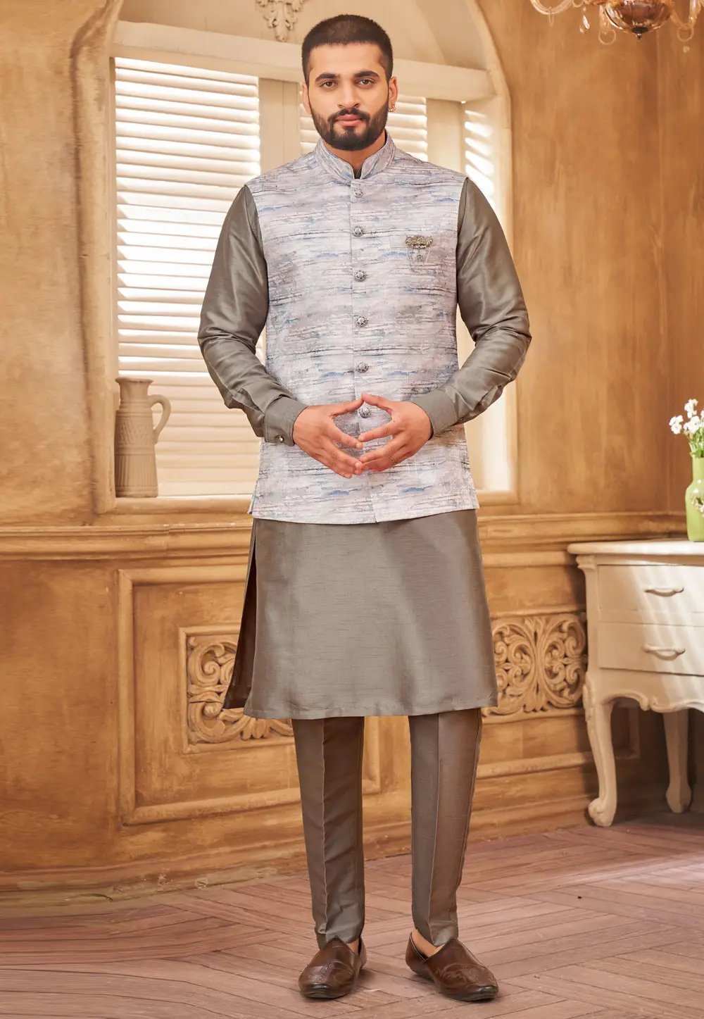 Brown Jacquard Silk Kurta Pajama With Jacket 296694