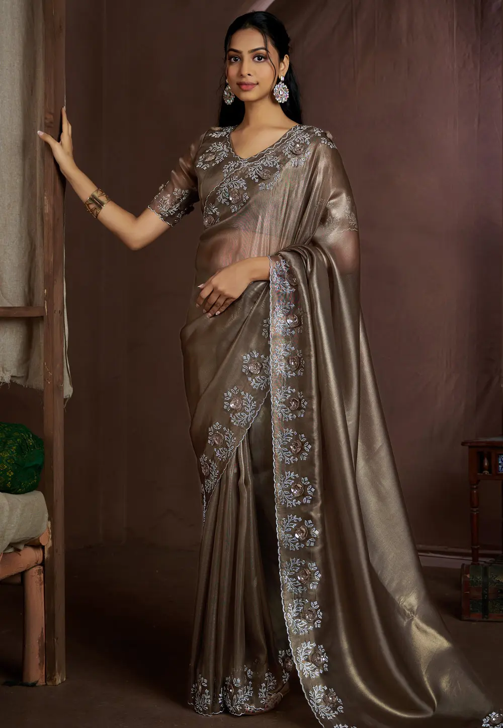 Brown Jute Silk Saree With Blouse 300829