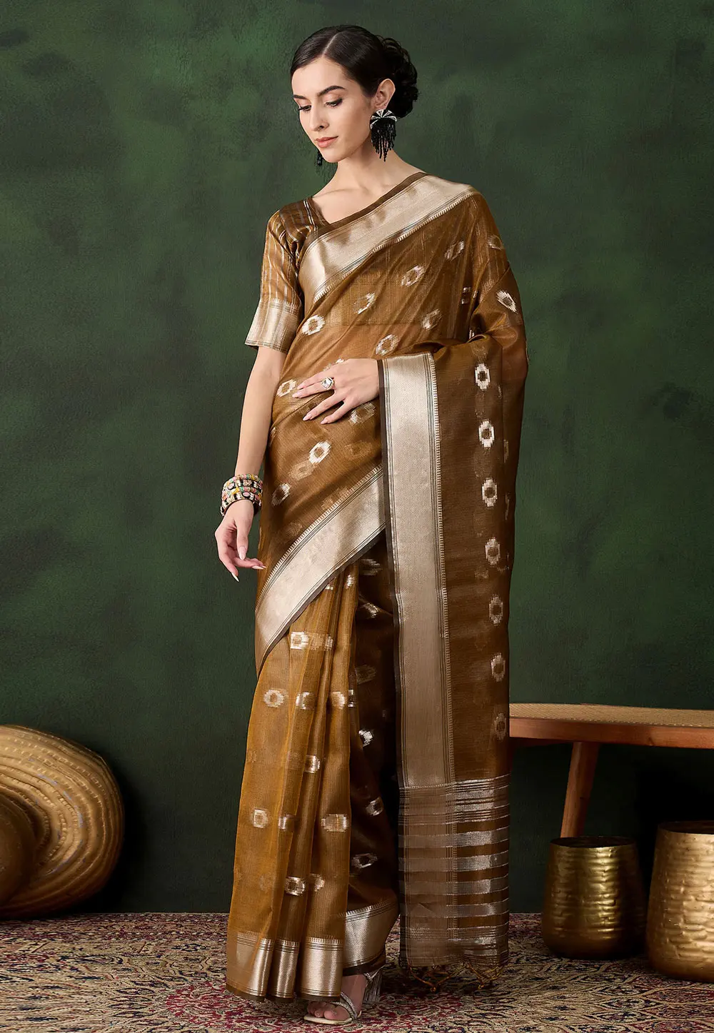 Brown Khadi Saree With Blouse 299226