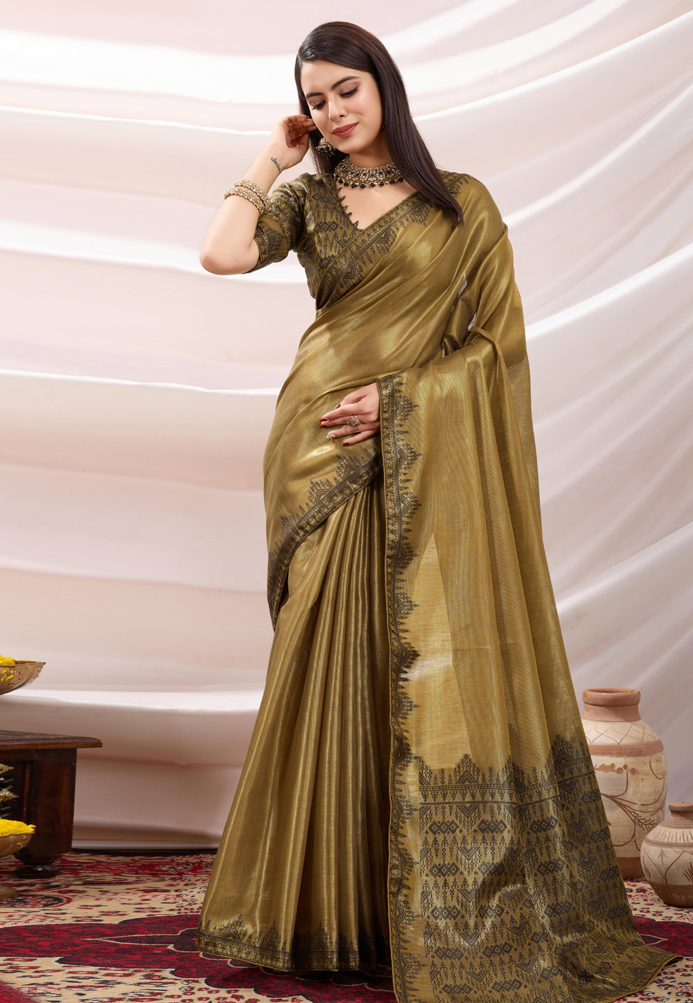 Brown Linen Saree With Blouse 305625