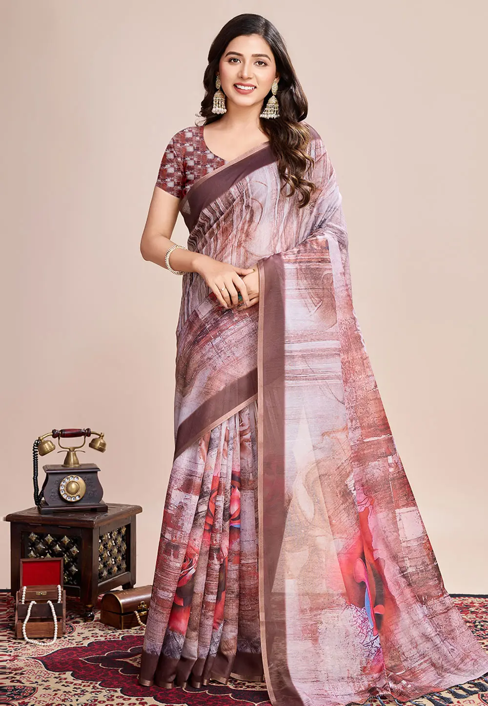 Brown Linen Saree With Blouse 300108