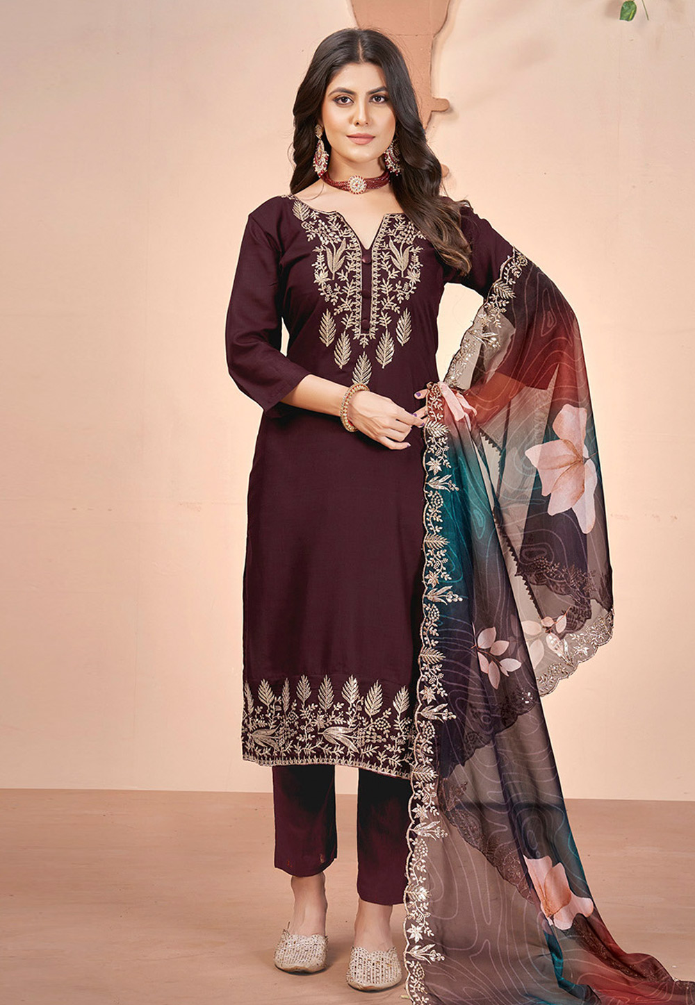 Brown Muslin Pant Style Suit 309564