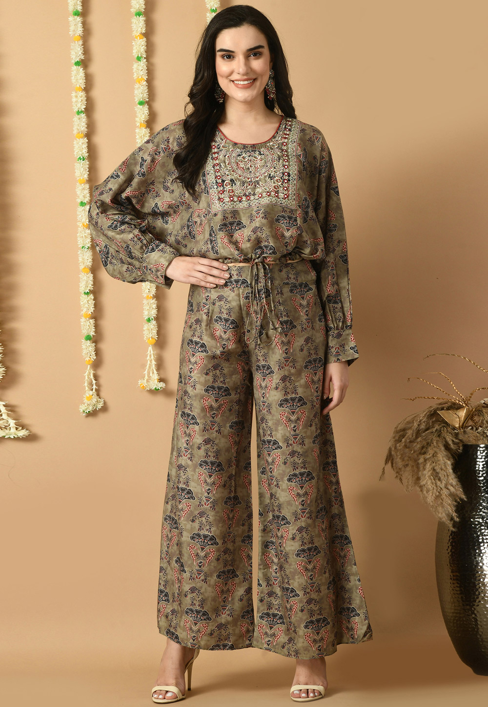 Brown Muslin Printed Co-Ords Set 305475