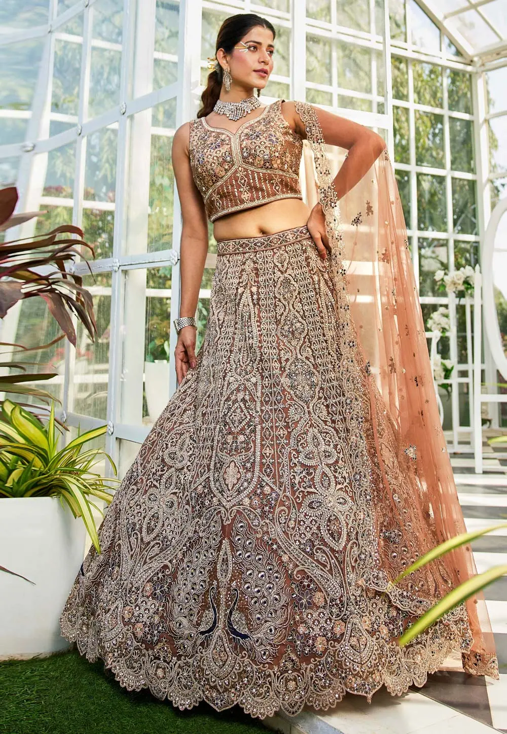 Brown Net A Line Lehenga Choli 304226